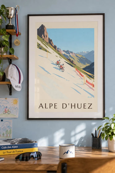 Poster Alpe d'Huez, Mountainbikes im Schnee : gerahmt an der Wand