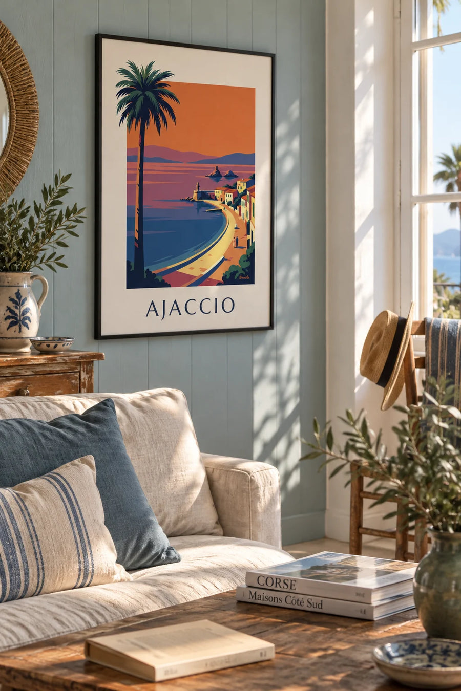Poster of the Bay of Ajaccio and the Sanguinaires Islands at sunset: framed on the wall