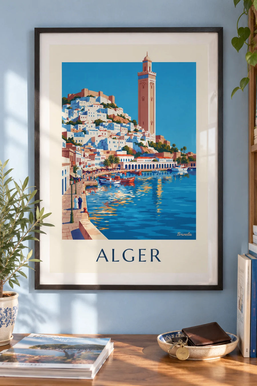 Poster weiße Kasbah von Algier, die zum Mittelmeer hinabführt: gerahmt an der Wand