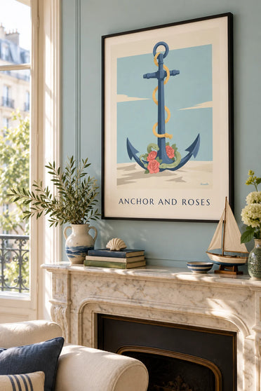 Affiche tatouage ancre marine et roses rouges : encadrée au mur