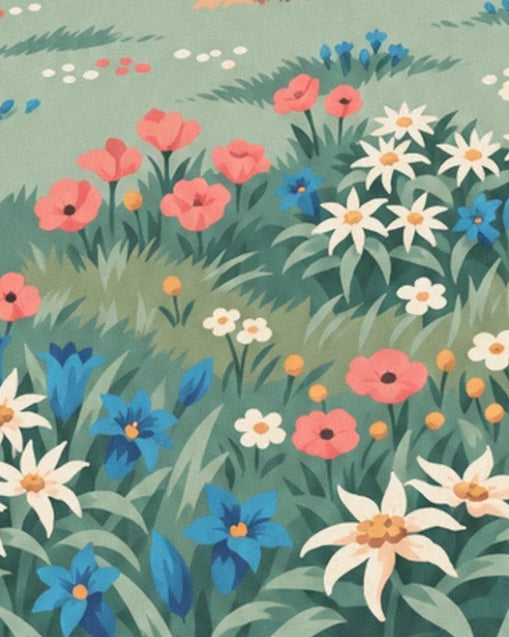 Les edelweiss blancs parmi les fleurs bleues et roses dans la prairie alpine
