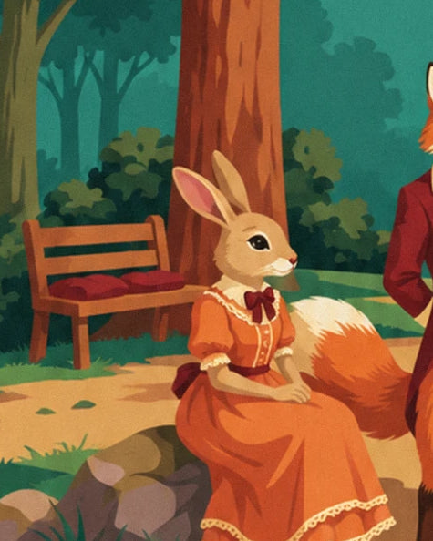 The female rabbit in an orange dress with a red bow, sitting on a rock near the bench in the clearing