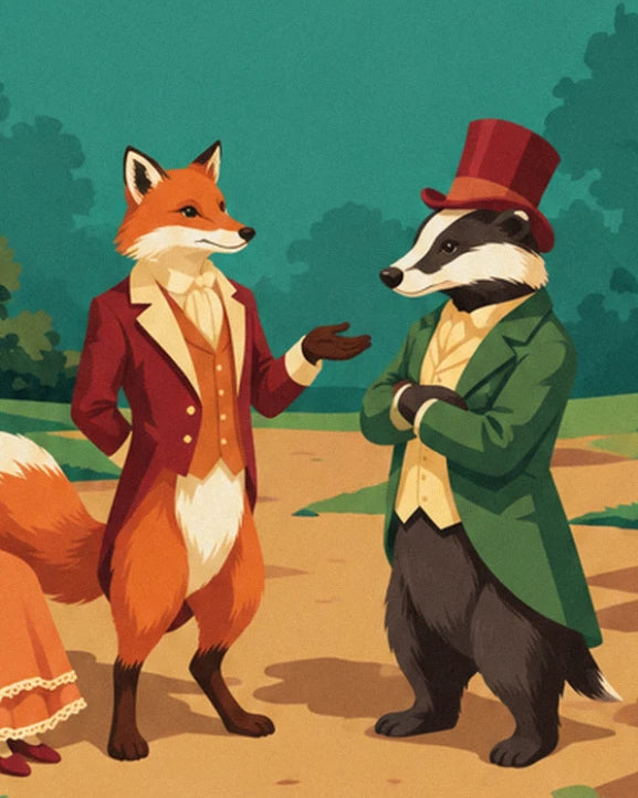 The fox in a burgundy frock coat facing the badger in a green suit and red top hat
