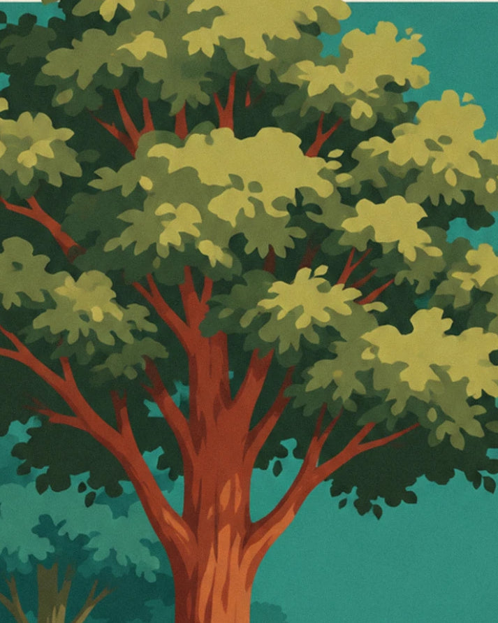 A tall tree with soft green leaves and russet branches against a turquoise sky