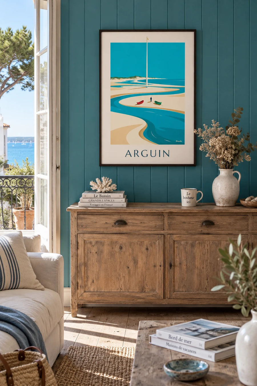 Poster of the Arguin Bank at low tide and the Dune of Pilat: framed on the wall