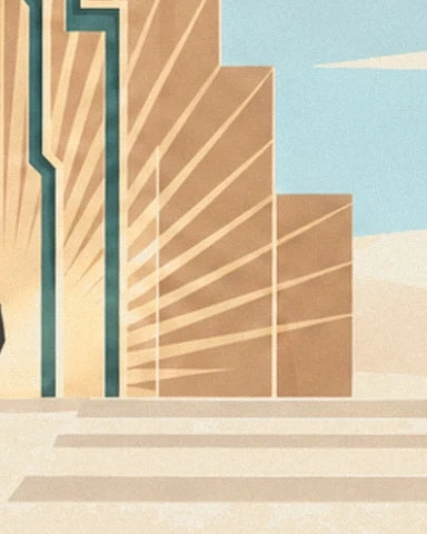 Pale steps at the foot of an ochre façade with golden rays and dark green borders