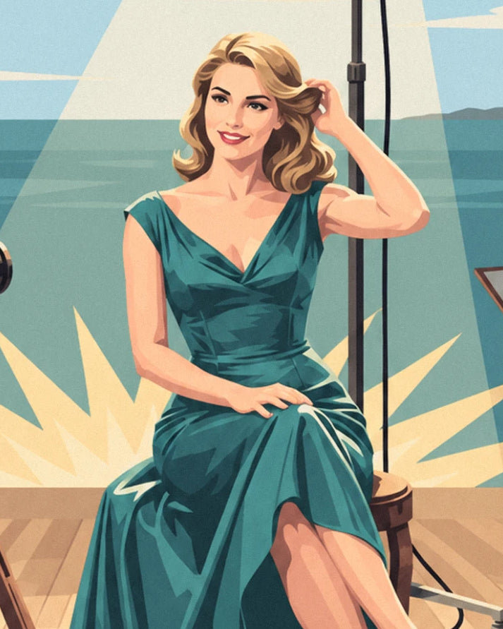 La femme blonde en robe verte, main dans les cheveux, assise près d'un projecteur