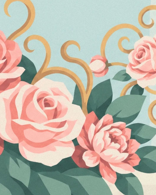 Une rose rose pâle et une pivoine épanouie devant des arabesques dorées