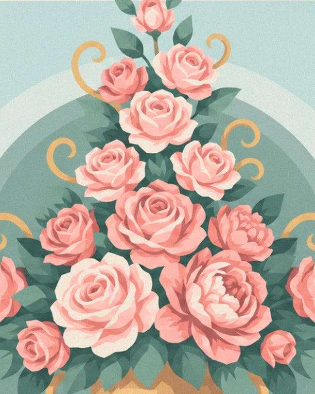 Une gerbe de roses et de pivoines roses parmi des feuilles vertes et des volutes dorées