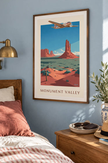 Poster zweimotoriges Verkehrsflugzeug über dem Monument Valley: gerahmt an der Wand