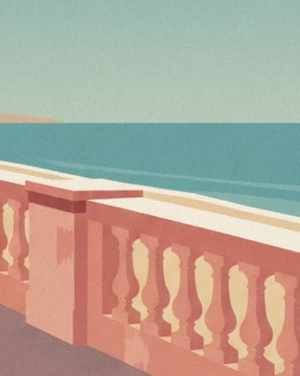 La balustrade rose aux balustres clairs face à la mer turquoise