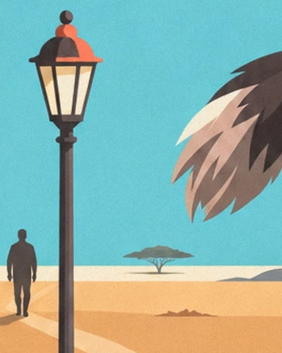 A dark street lamp and a figure in the savannah beneath a turquoise sky