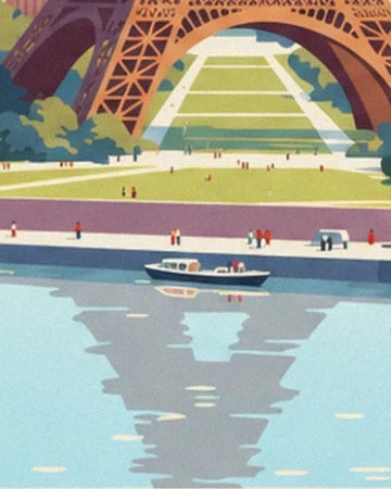Ein Boot auf der Seine und die Spiegelung des Eiffelturms unter seinem ockerfarbenen Bogen