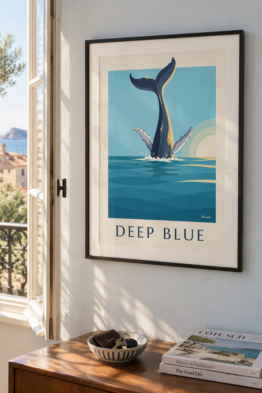 Humpback whale poster diving into the ocean, tail raised: framed on the wall