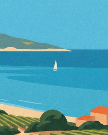 A white sailing boat in the bay of Bandol, between vineyards and houses with orange roofs
