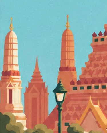 The temple's orange prangs, a green street lamp and a golden roof, beneath a turquoise sky