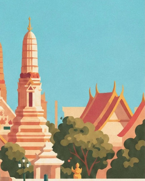 A pinkish prang and the temple's red roofs with golden tips, among the green trees