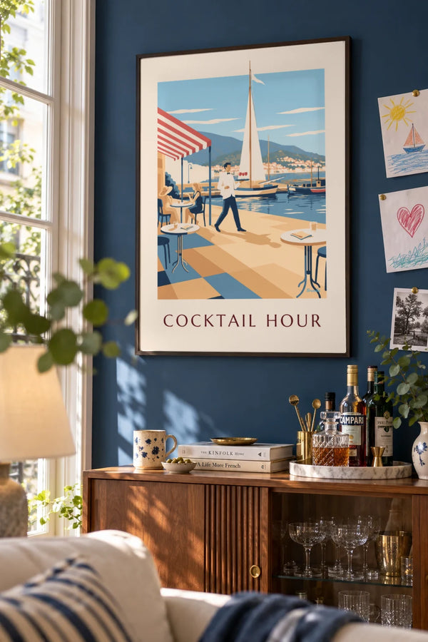 Waiter and aperitifs on a harbor terrace poster