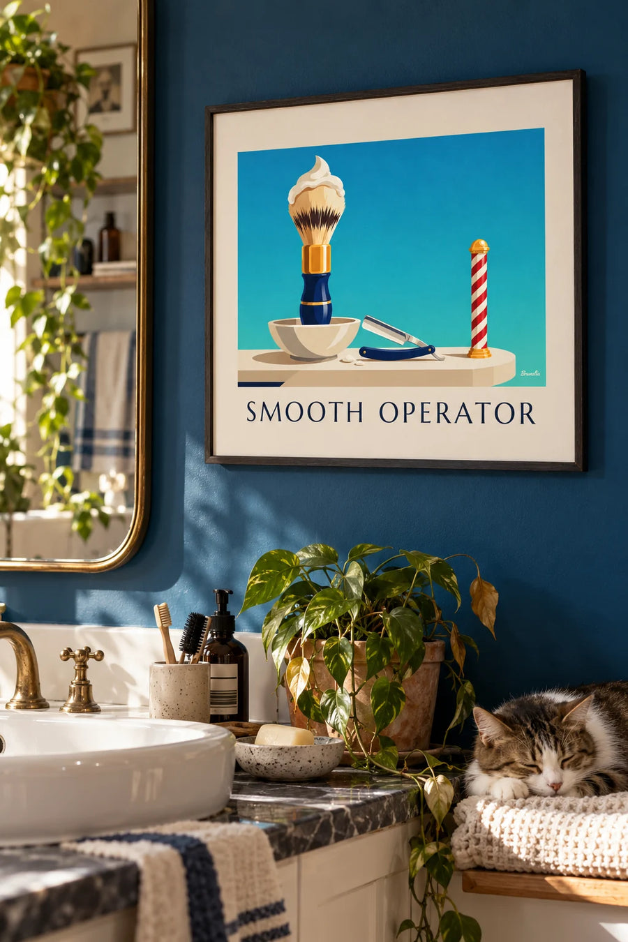 Affiche blaireau et bol de mousse à raser avec rasoir droit : encadrée au mur