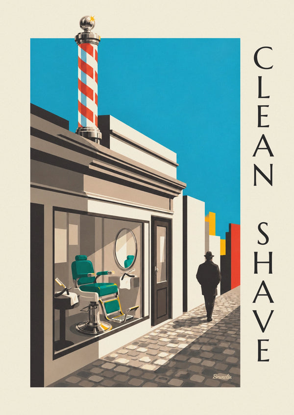 Poster Barbier-Fassade und gestreiftes Schild an einer Kopfsteinpflasterstraße