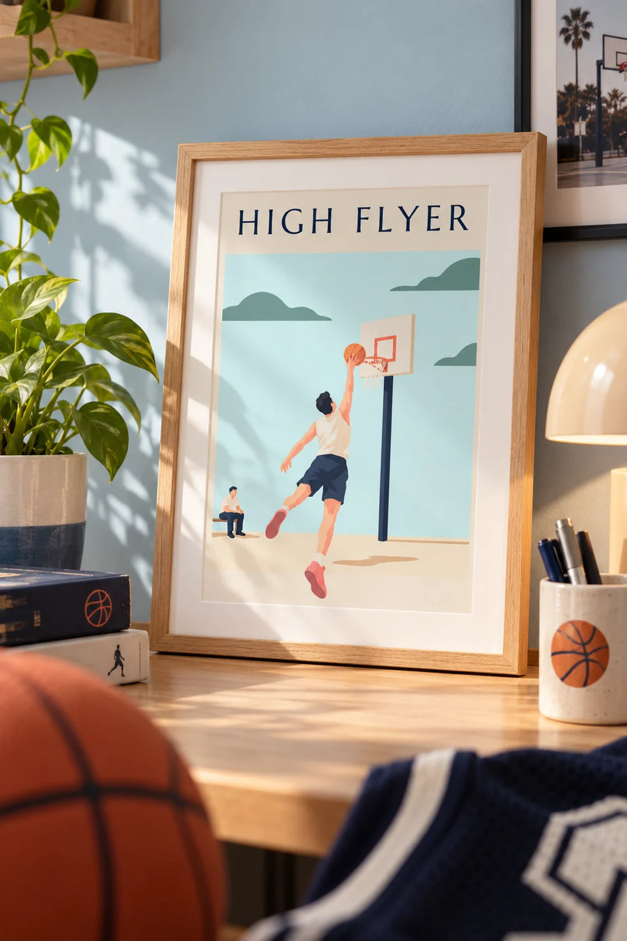 Poster Basketballspieler beim Sprung zum Korb für einen Dunk: kleines Format A4 gerahmt