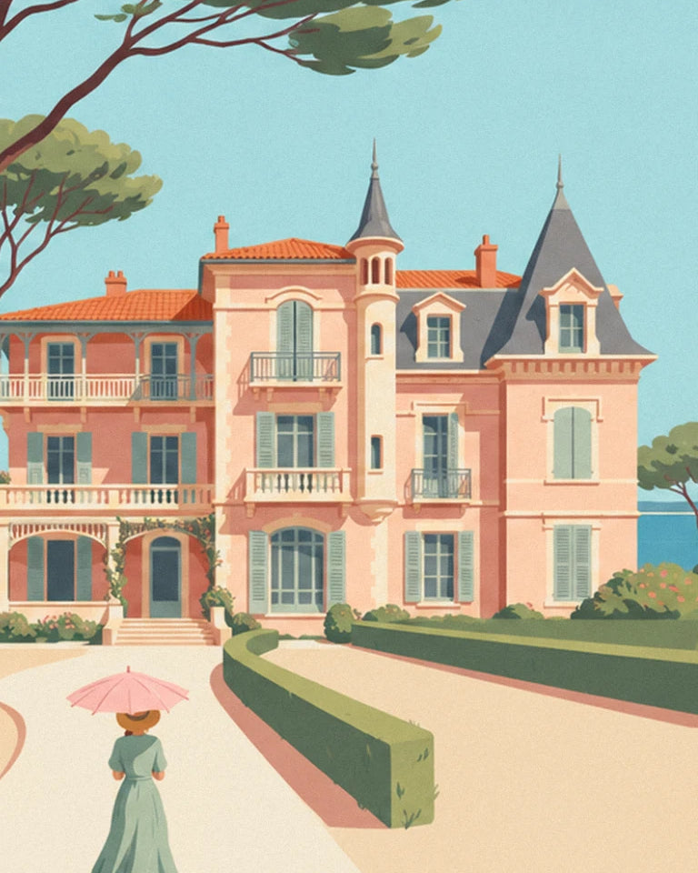 The pink villa with a turret and slate roof, with a lady carrying a pink parasol on the path