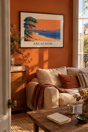 Affiche bassin d'Arcachon au couchant, voiliers et pins : encadrée au mur