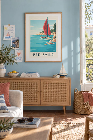 Poster mit katalanischem Fischerboot mit roten Lateinsegeln: gerahmt an der Wand