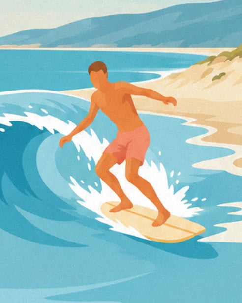 The surfer in coral shorts on his yellow board, in the hollow of the turquoise wave
