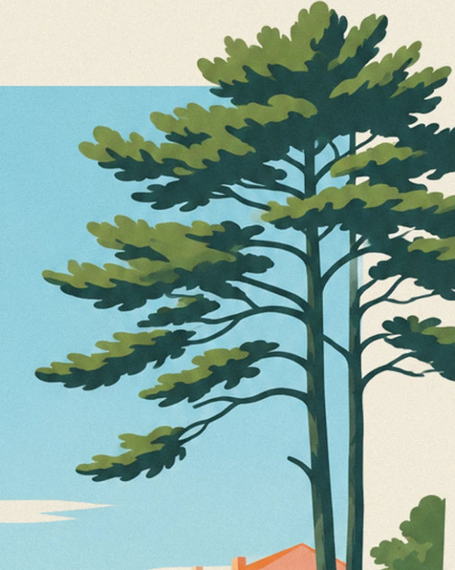 The tall pines with tiered branches in front of the blue ocean and an orange roof