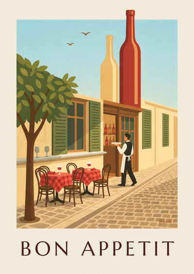 Poster französisches Bistro „Bon appétit“, Kellner und Zinktresen: das ganze Poster