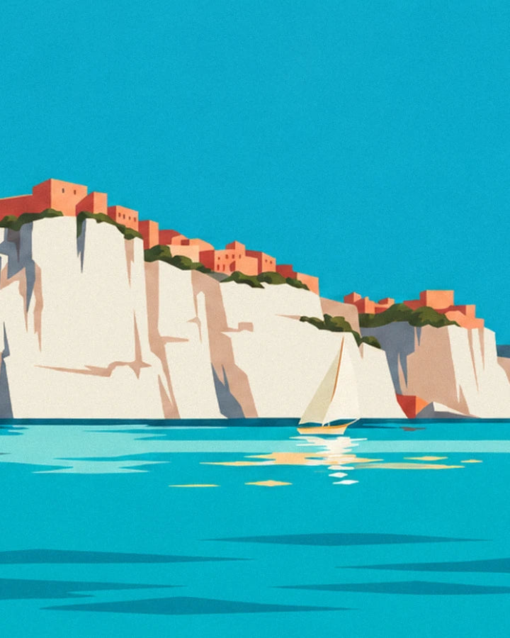 The white cliffs of Bonifacio and their red-ochre houses, with a small sailing boat