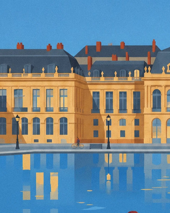 The golden façades of Bordeaux and the small cyclist beside the reflecting pool