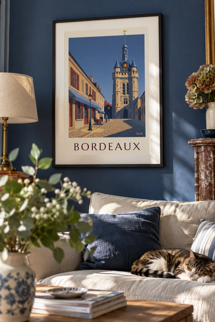 Poster of the Grosse Cloche in Bordeaux and a café terrace: framed on the wall