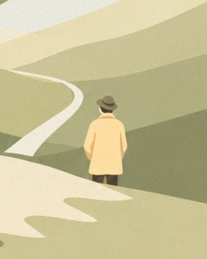 Le promeneur en manteau jaune et chapeau, de dos, face au chemin qui serpente dans les collines