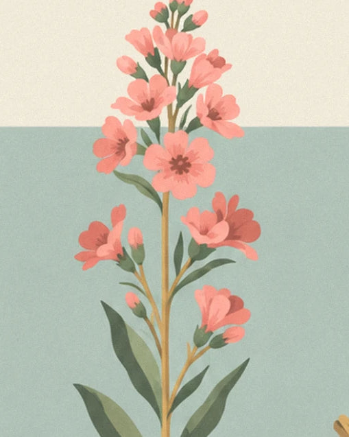 A long stem of pink flowers with burgundy centres, against a pale aqua and cream background