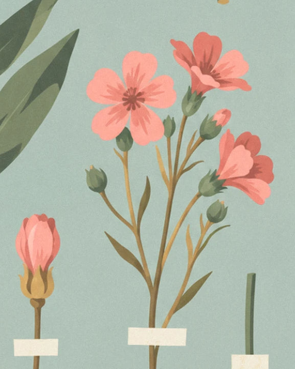 Pink flowers with 5 petals and green buds on slender stems, with a closed pink bud