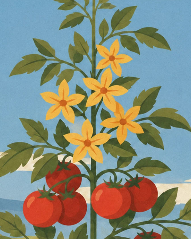 The tomato plant's 5 yellow flowers, above the red fruit