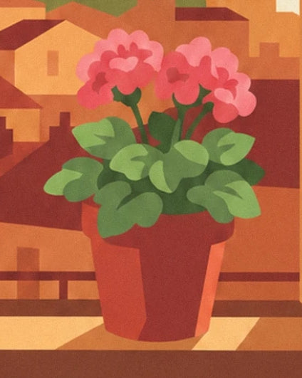 Pink flowers and green leaves in a red pot in front of the rooftops of Lyon