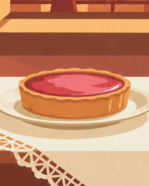 The pink praline tart on its plate on a lace-edged tablecloth