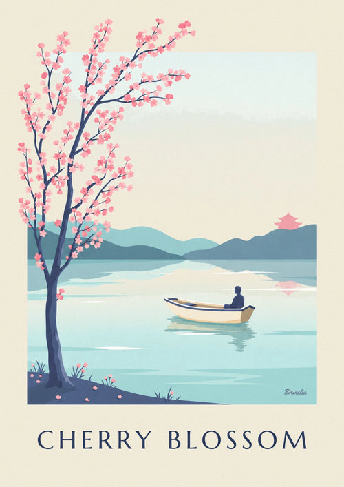 Cherry blossom branch over a Japanese lake poster: the full poster