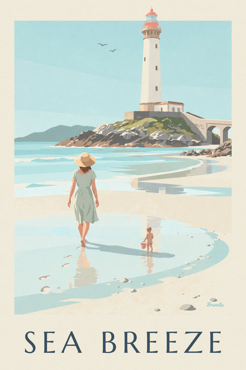 Poster of a mother and child on Petit Minou beach at the foot of the lighthouse: the full poster