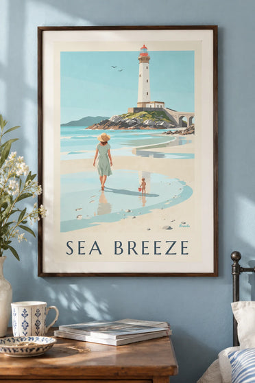 Poster of a mother and child on Petit Minou beach at the foot of the lighthouse: framed on the wall