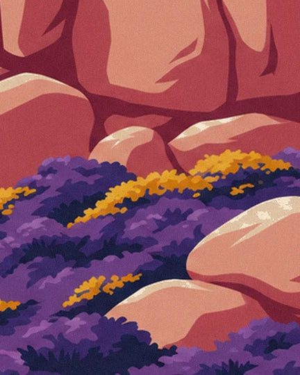 Violettes Heidekraut und gelber Ginster zwischen den großen rosa Granitblöcken