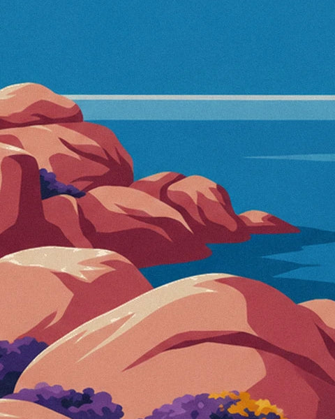 Die rosa Granitfelsen, die in ein blaues Meer abfallen, mit dem Horizont dahinter