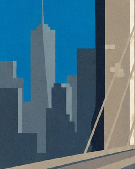 The grey outlines of skyscrapers between the stonework and cables of pont de Brooklyn