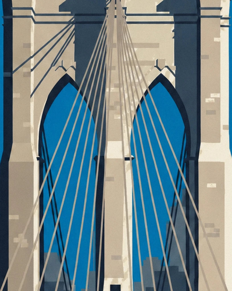 The stone arches of pont de Brooklyn and their cables against a blue sky