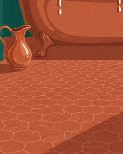The copper jug beside the claw-foot bath on an orange tiled floor