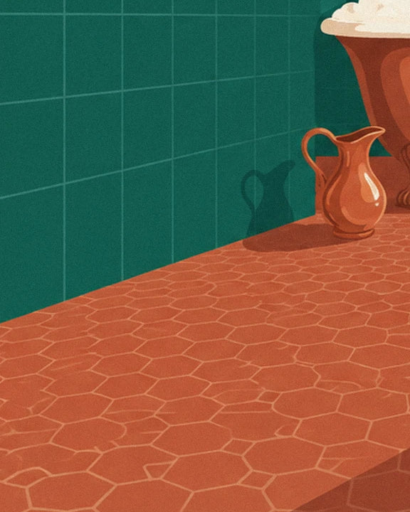 The copper jug on the hexagonal tiles against the green wall