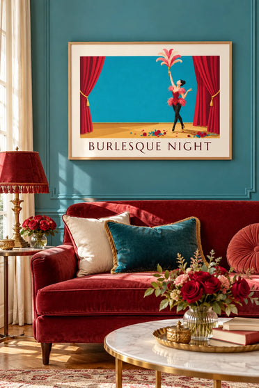 Poster Burlesque-Kabarett-Tänzerin in Korsett und Federn: gerahmt an der Wand
